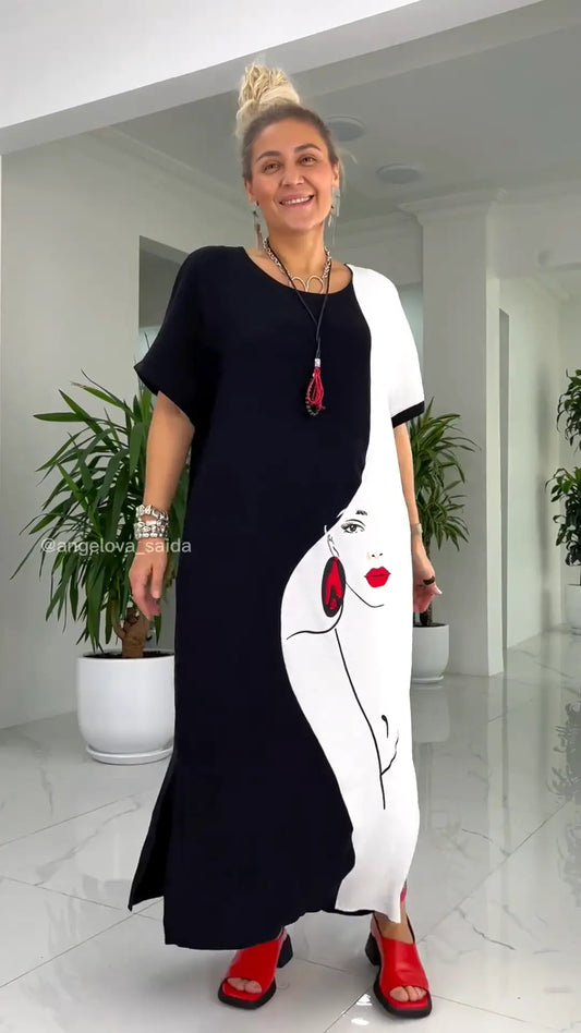 👗Lovely Black White Abstract Face Print Loose Maxi Dress