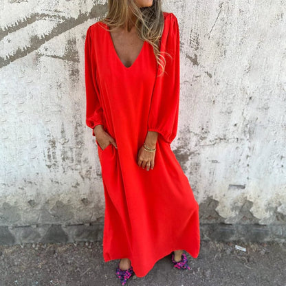 🔥Hot Sale 49% OFF🔥V-neck Solid Color Lantern Sleeve Dress