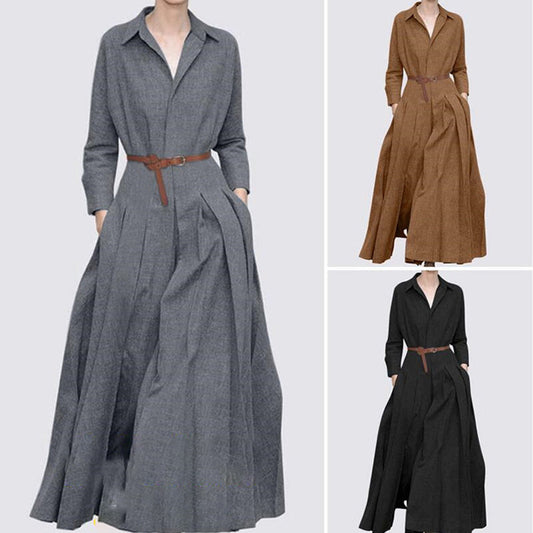 💖Retro Super Long Solid Color Shirt Dress （52% OFF）