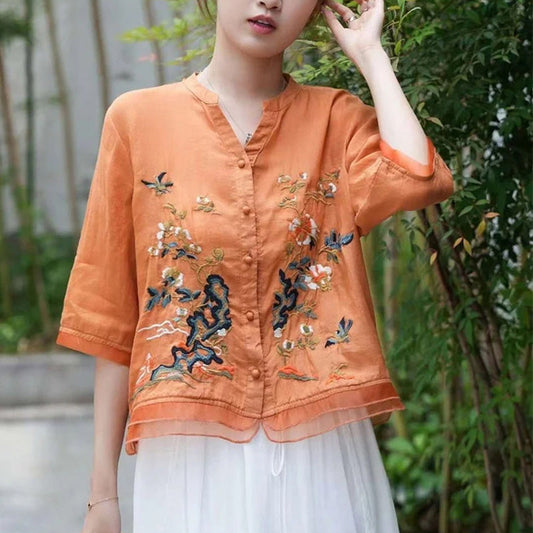 Women's Loose Fit Embroidered Button Down Top