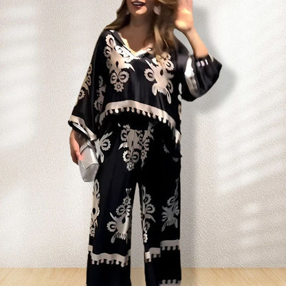 Women’s Casual Relaxed 2-piece Set Long-sleeve Top and Wide-leg Pants