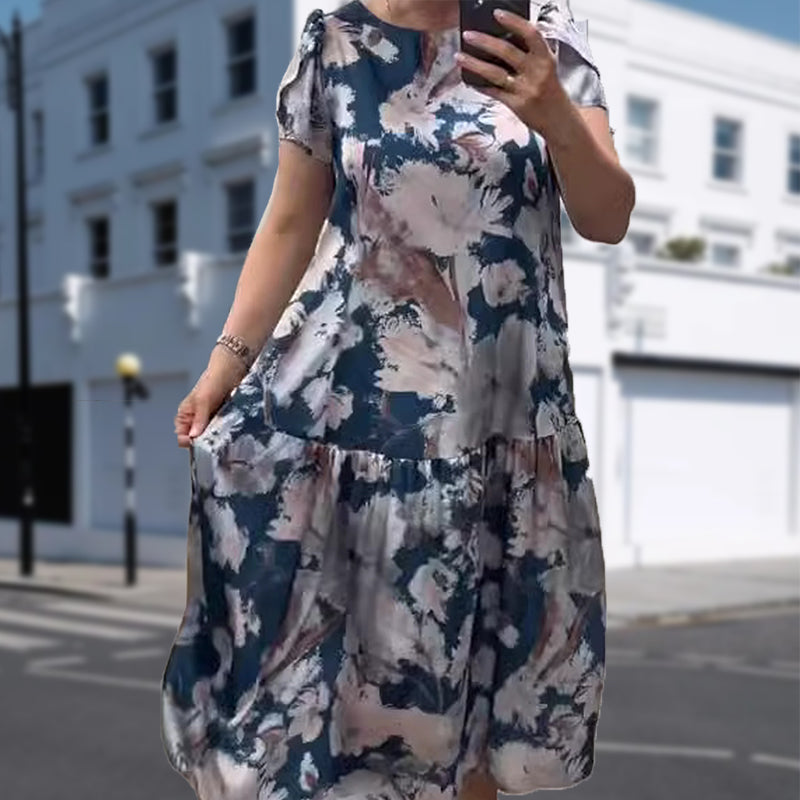 Loose Round Neck Short Sleeve Floral Dress