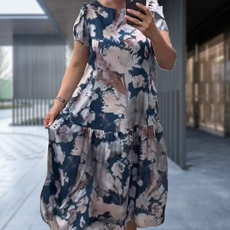 Loose Round Neck Short Sleeve Floral Dress