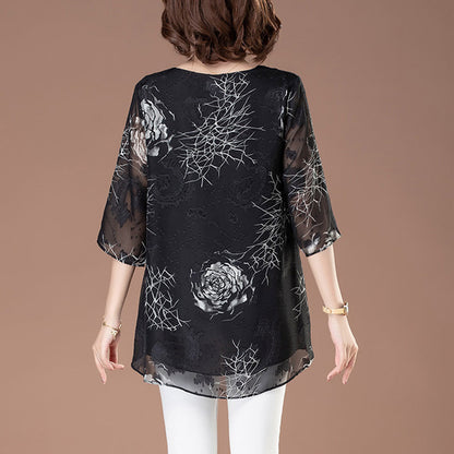 Floral 3/4 Sleeve Crew Neck Flowy Mesh Blouse