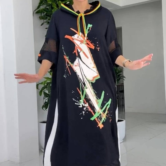 Women's Loose Casual Printed Drawstring Hooded Dress