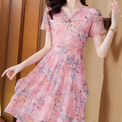 Elegant and Confident - Women's Short Sleeve V-Neck Floral Print Dress