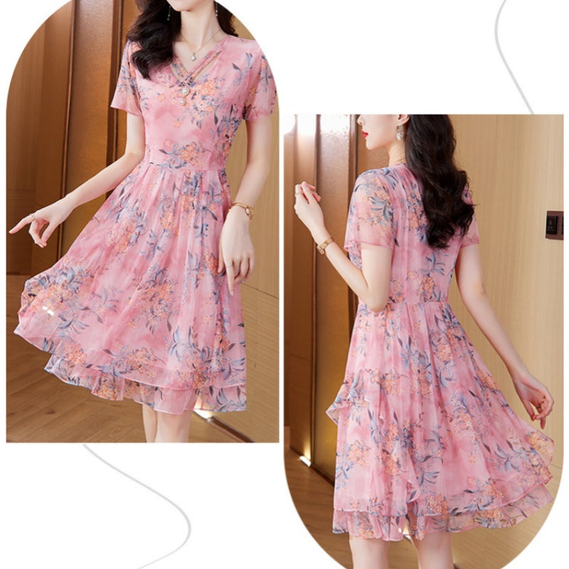 Elegant and Confident - Women's Short Sleeve V-Neck Floral Print Dress