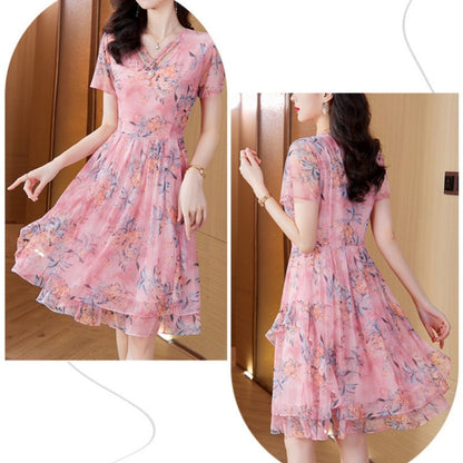 Elegant and Confident - Women's Short Sleeve V-Neck Floral Print Dress