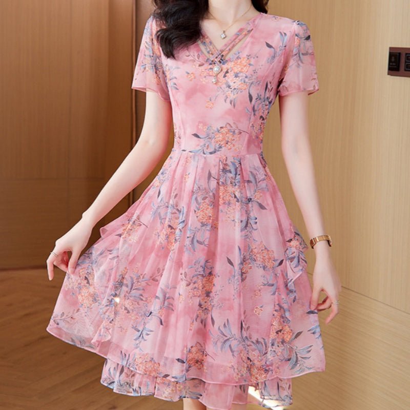 Elegant and Confident - Women's Short Sleeve V-Neck Floral Print Dress