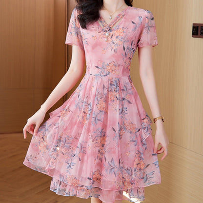 Elegant and Confident - Women's Short Sleeve V-Neck Floral Print Dress