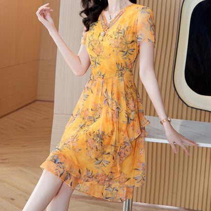 Elegant and Confident - Women's Short Sleeve V-Neck Floral Print Dress