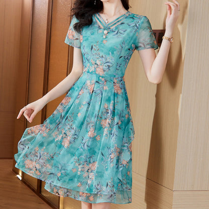 Elegant and Confident - Women's Short Sleeve V-Neck Floral Print Dress