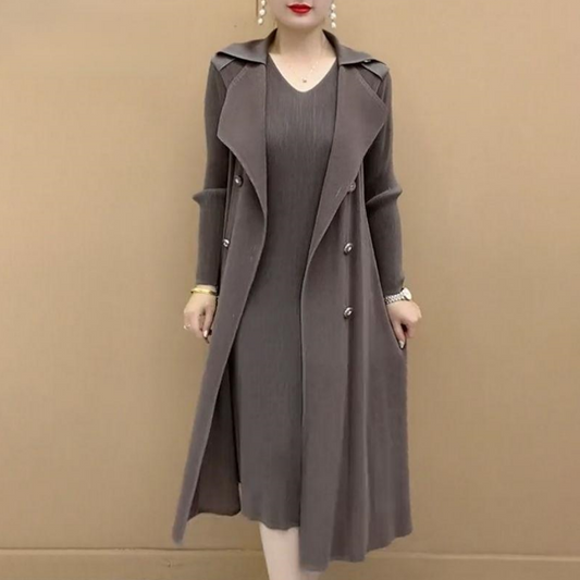 Fashionable Pleated Suit Collar Fake Two-piece Trench Coat