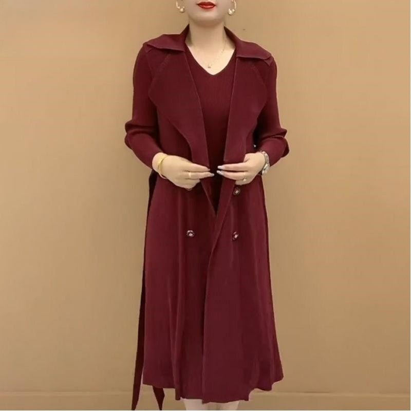 Fashionable Pleated Suit Collar Fake Two-piece Trench Coat