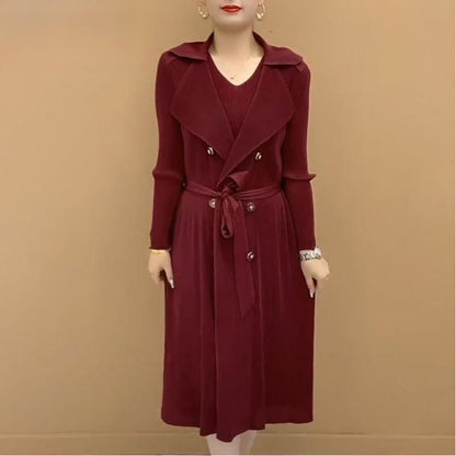 Fashionable Pleated Suit Collar Fake Two-piece Trench Coat