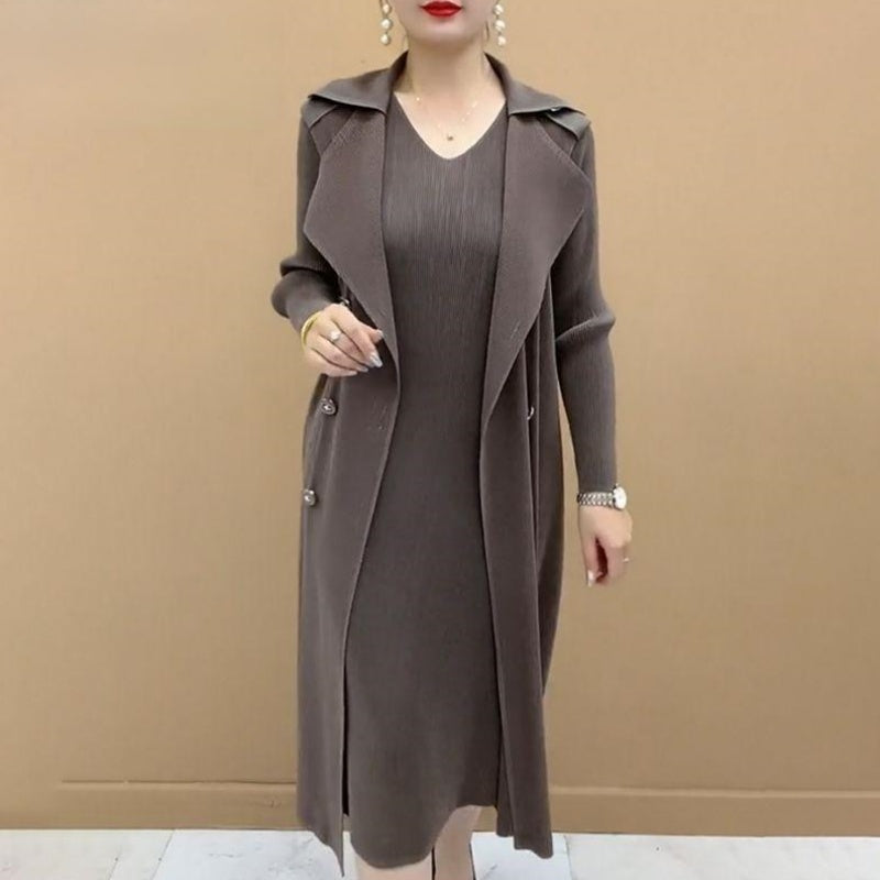 Fashionable Pleated Suit Collar Fake Two-piece Trench Coat