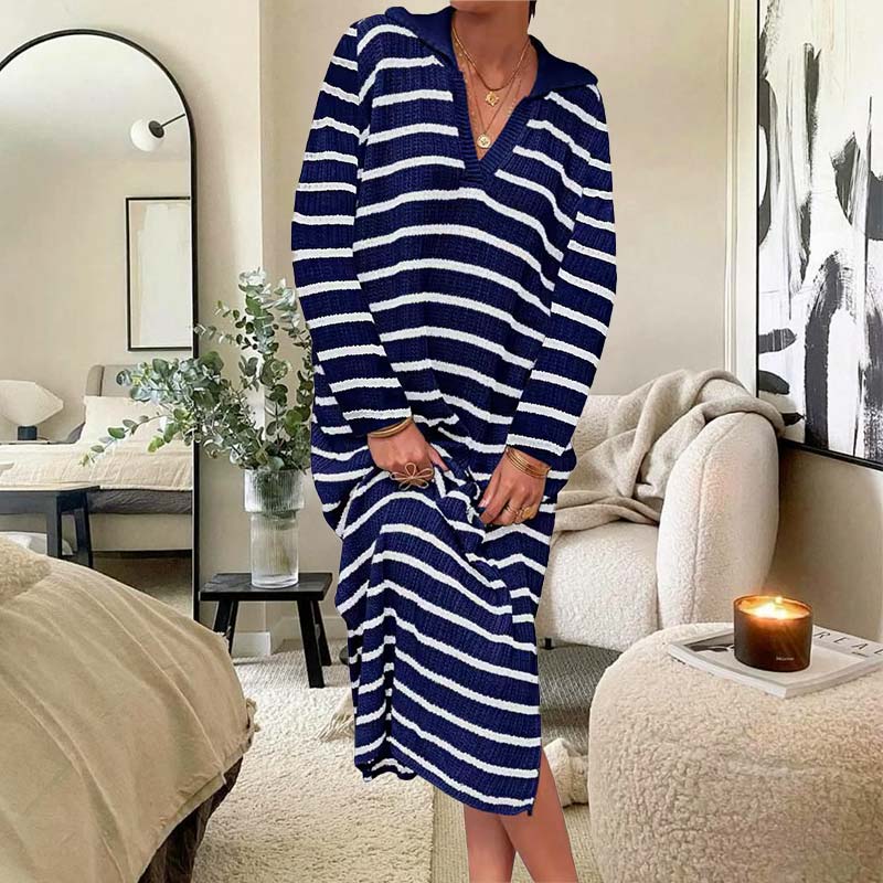 Elegant V-Neck Striped Split Hem Dress