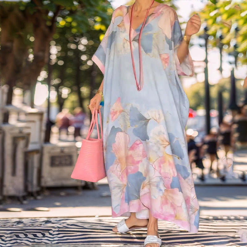 Floral Print Loose Long Dress with Half Sleeves