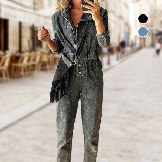 Women's Casual Denim Jumpsuit with Elastic Waist