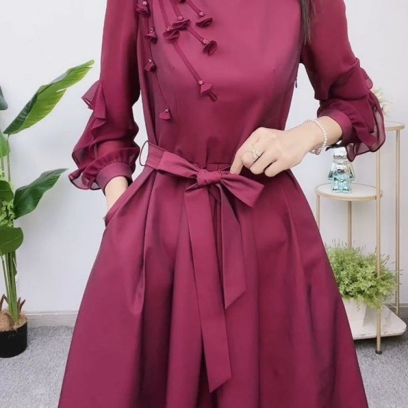 Exquisite Long Sleeve Tie Waist Dress