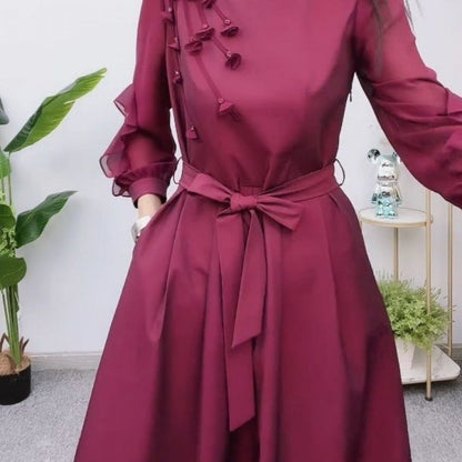 Exquisite Long Sleeve Tie Waist Dress