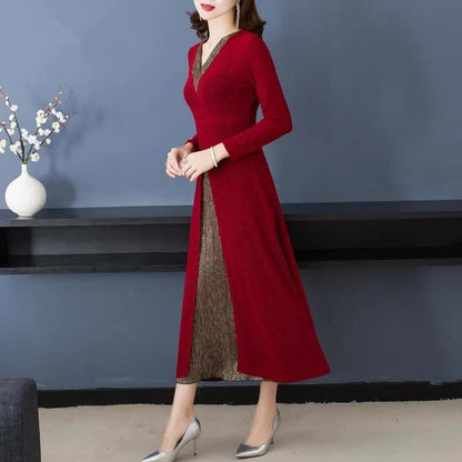 Lady’s Temperament Fake 2-piece Long-sleeve Dress