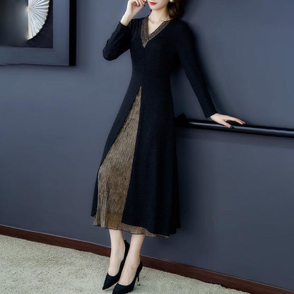 Lady’s Temperament Fake 2-piece Long-sleeve Dress