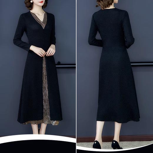 Lady’s Temperament Fake 2-piece Long-sleeve Dress