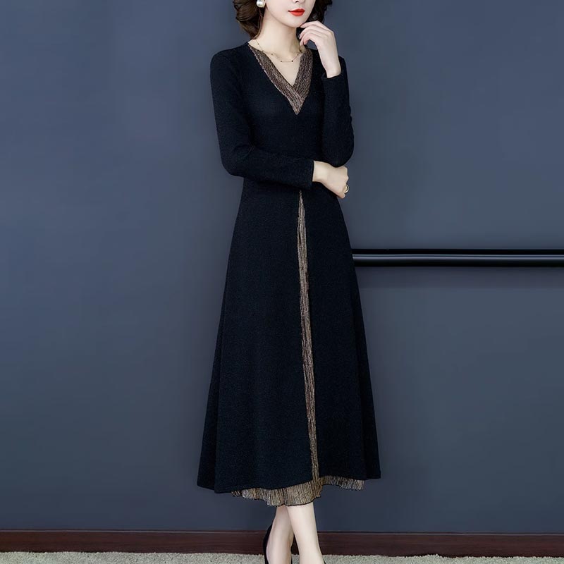 Lady’s Temperament Fake 2-piece Long-sleeve Dress