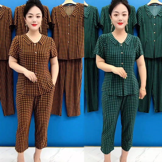 💐Women's Cooling Plaid Top & Pants 2-Piece Set