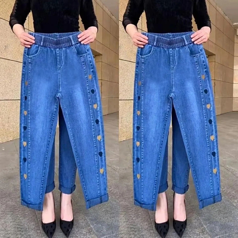 Hot sale🔥 cowboy jean high elastic heart -shaped patterns embroidered ladies trousers