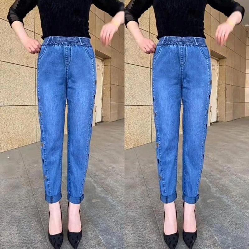 Hot sale🔥 cowboy jean high elastic heart -shaped patterns embroidered ladies trousers