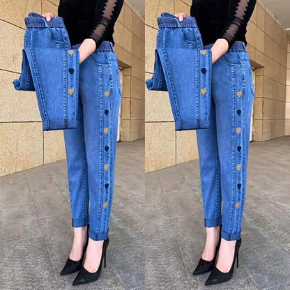 Hot sale🔥 cowboy jean high elastic heart -shaped patterns embroidered ladies trousers