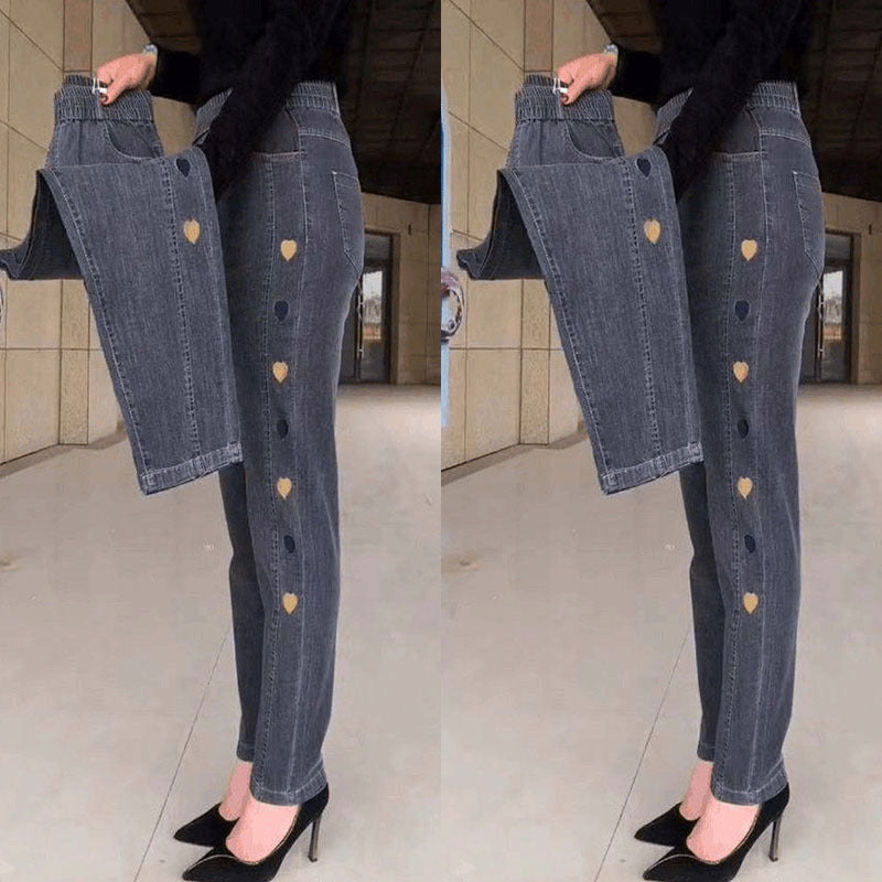 Hot sale🔥 cowboy jean high elastic heart -shaped patterns embroidered ladies trousers