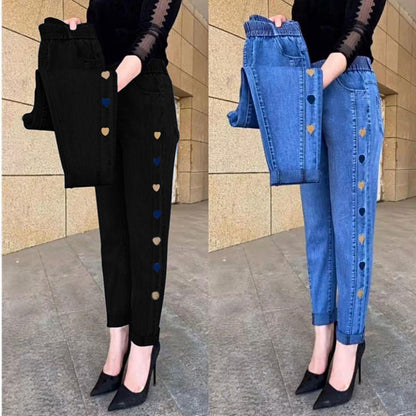 Hot sale🔥 cowboy jean high elastic heart -shaped patterns embroidered ladies trousers