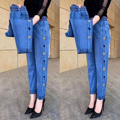 Hot sale🔥 cowboy jean high elastic heart -shaped patterns embroidered ladies trousers