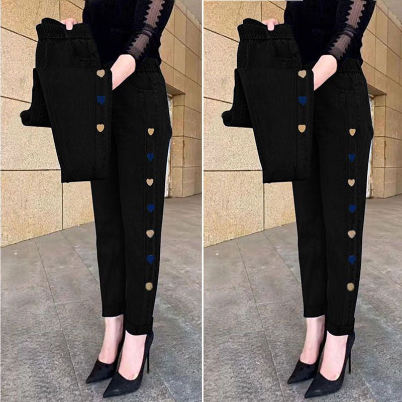 Hot sale🔥 cowboy jean high elastic heart -shaped patterns embroidered ladies trousers