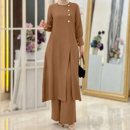 🎁 Women's 2-Piece Fashion Solid Side Slit Long Shirt Wide Leg Pants Robe