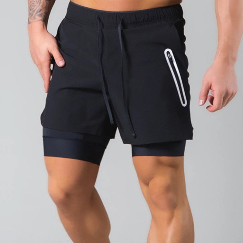 Man's Double Layer Breathable Running Shorts with Zipper Pockets